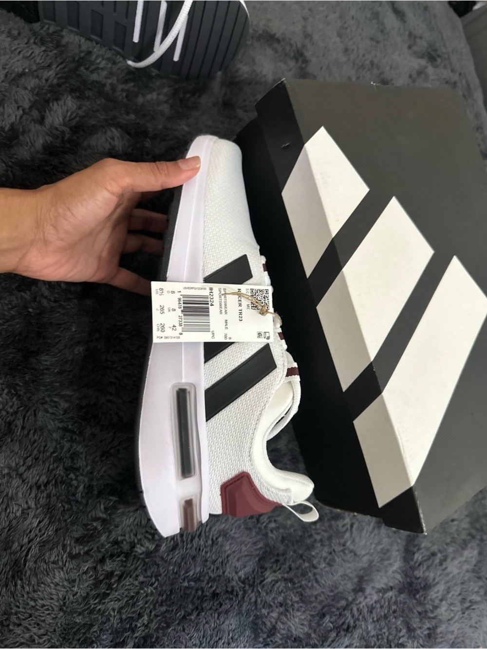 adidas White Sneakers with Black Stripes and Burgundy Heel